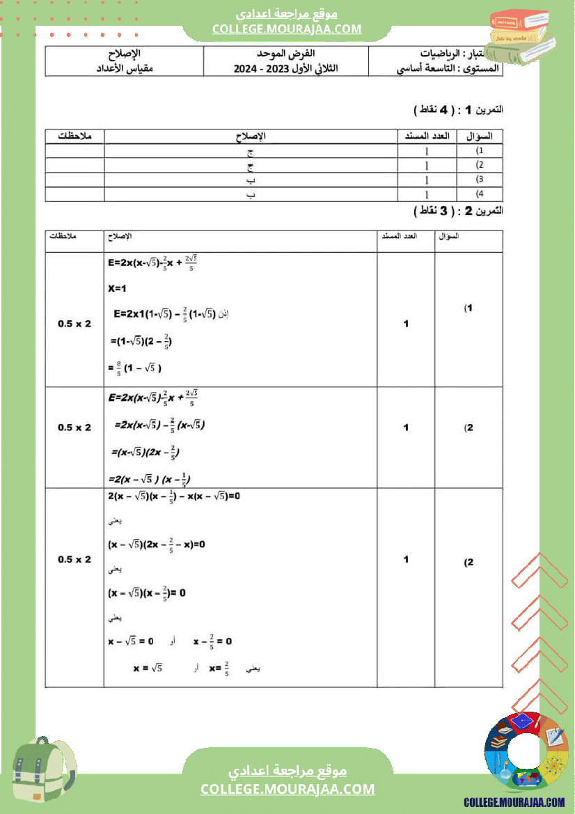 تاسعة أساسي فروض تاليفية عدد 1 مع الاصلاح في كل المواد