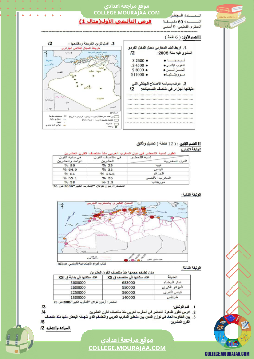 تاسعة أساسي جغرافيا الثلاثي الأول فروض تأليفي عدد 1 بالاصلاح