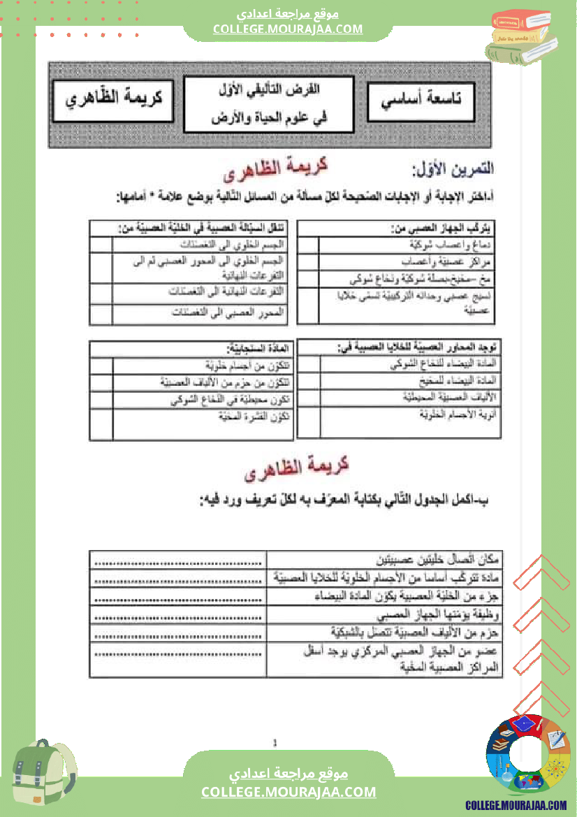 تاسعة أساسي علوم الحياة و الأرض فرض تاليفي 1 مع الاصلاح