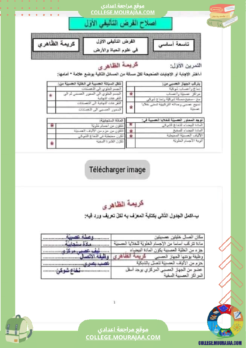 تاسعة أساسي علوم الحياة و الأرض فرض تاليفي 1 مع الاصلاح