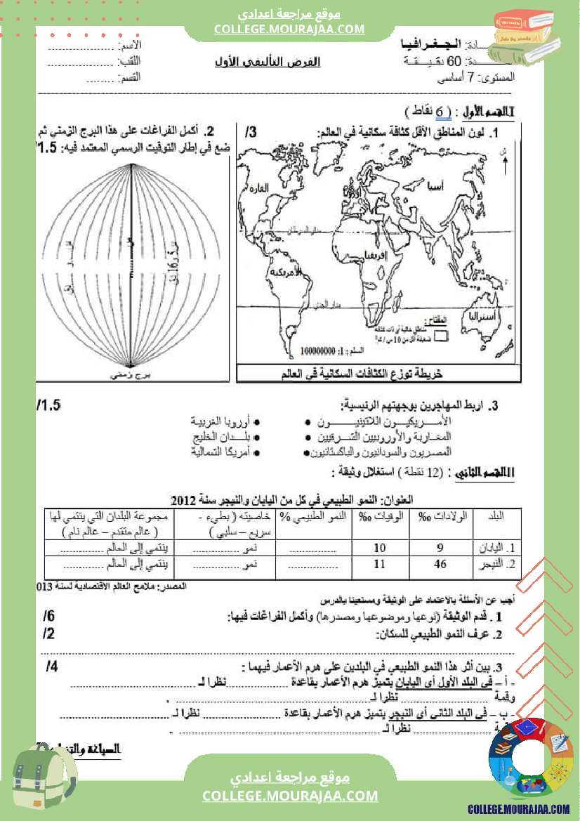 سابعة أساسي جغرافيا فرض تاليفي 1 مع الاصلاح