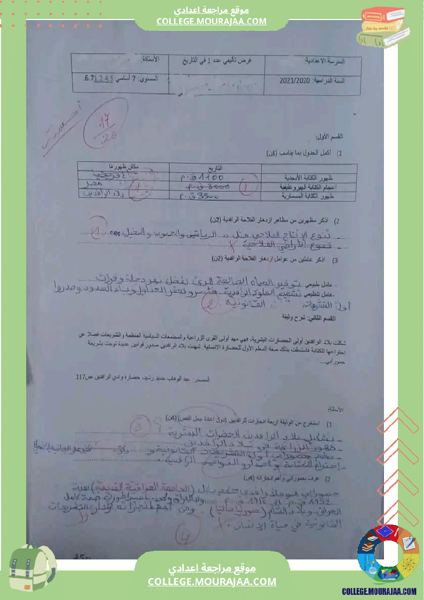 سابعة أساسي مواد اجتماعية فروض تاليفية عدد 1 تاريخ جغرافيا اسلامية مدنية
