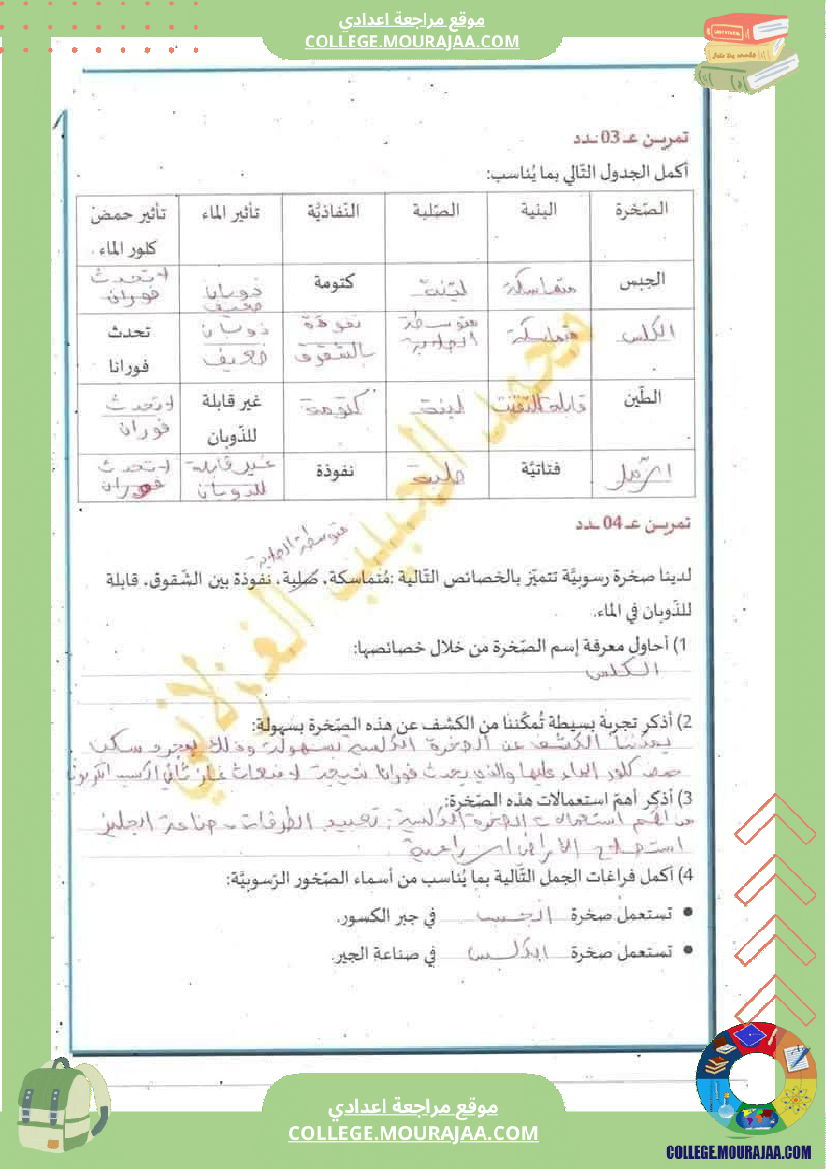 سابعة أساسي علوم طبيعية فرض تأليفي عدد 1 مع الاصلاح