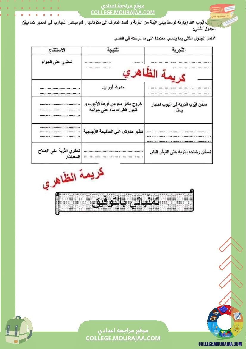 سابعة أساسي فروض تاليفية عدد 1 علوم طبيعية