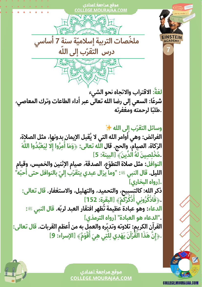 ملخصات التربية الإسلامية السنة السابعة أساسي الإيمان بالله