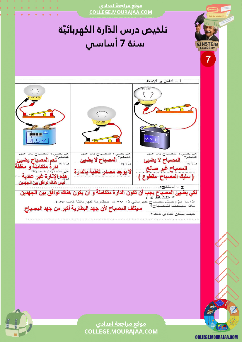 ملخص درس الد ارة الكهربائية سنة 7 أساسي