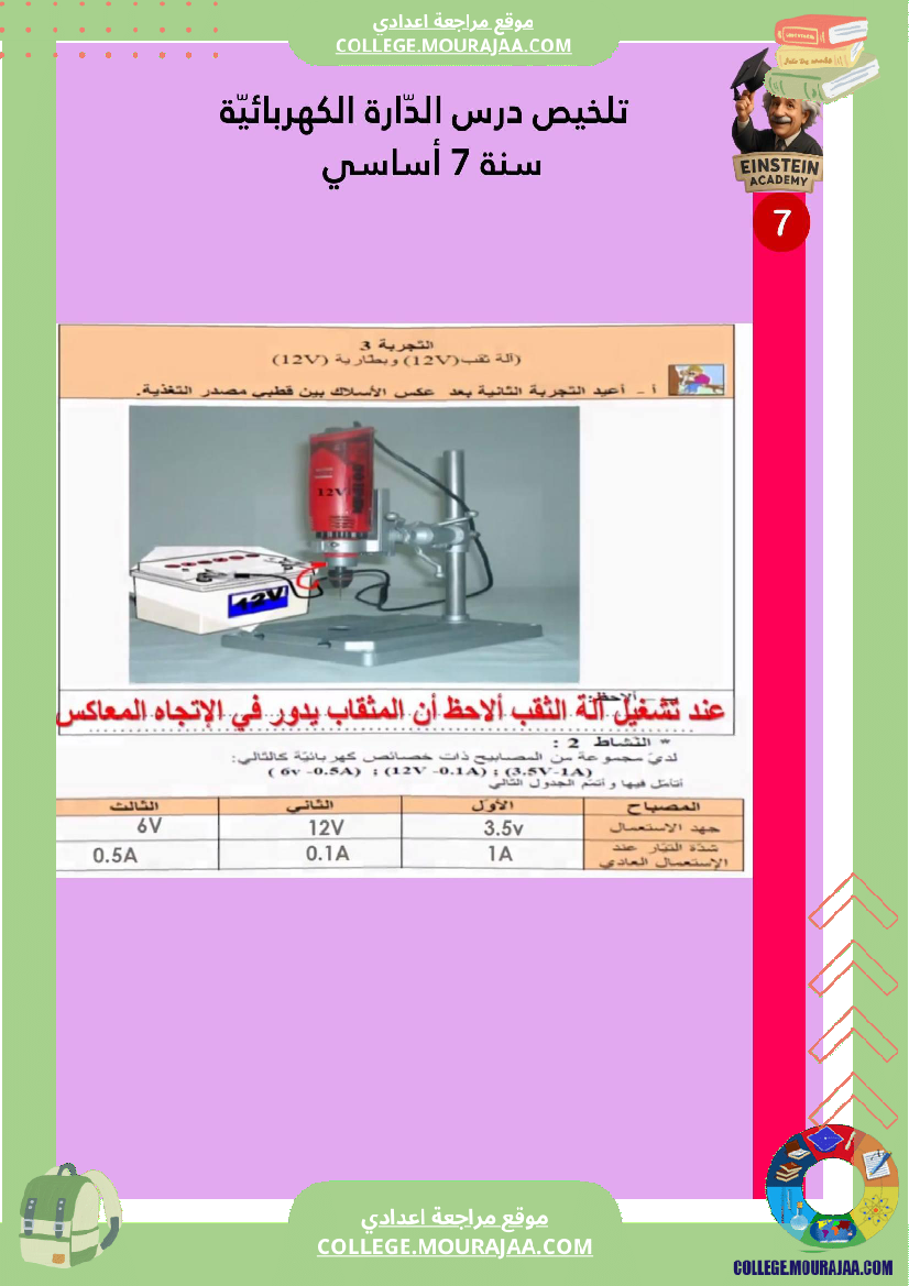 ملخص درس الد ارة الكهربائية سنة 7 أساسي