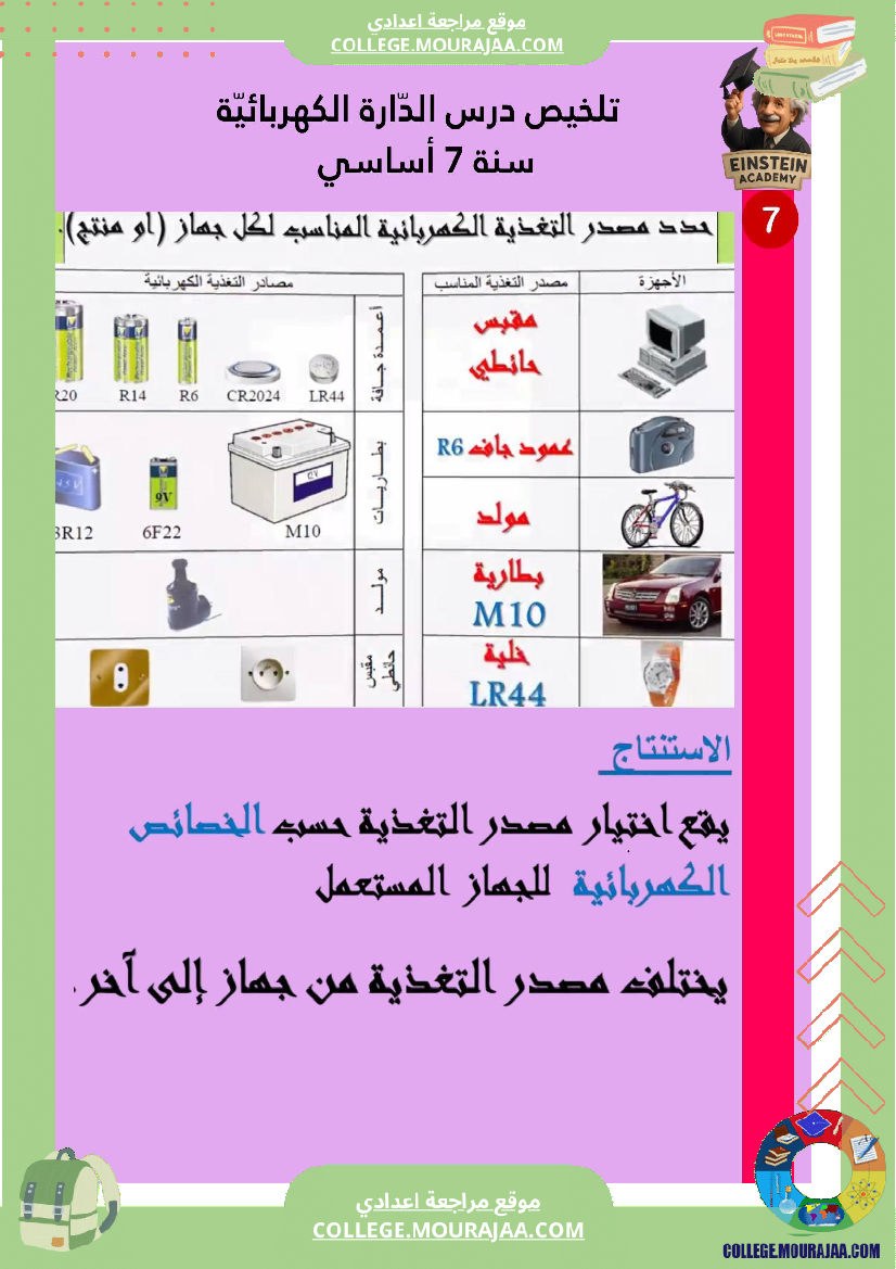 ملخص درس الد ارة الكهربائية سنة 7 أساسي