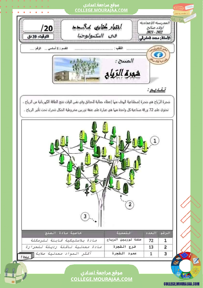 فرض مراقبة الثامنة في التربية التكنولوجية الثلاثي الثالث