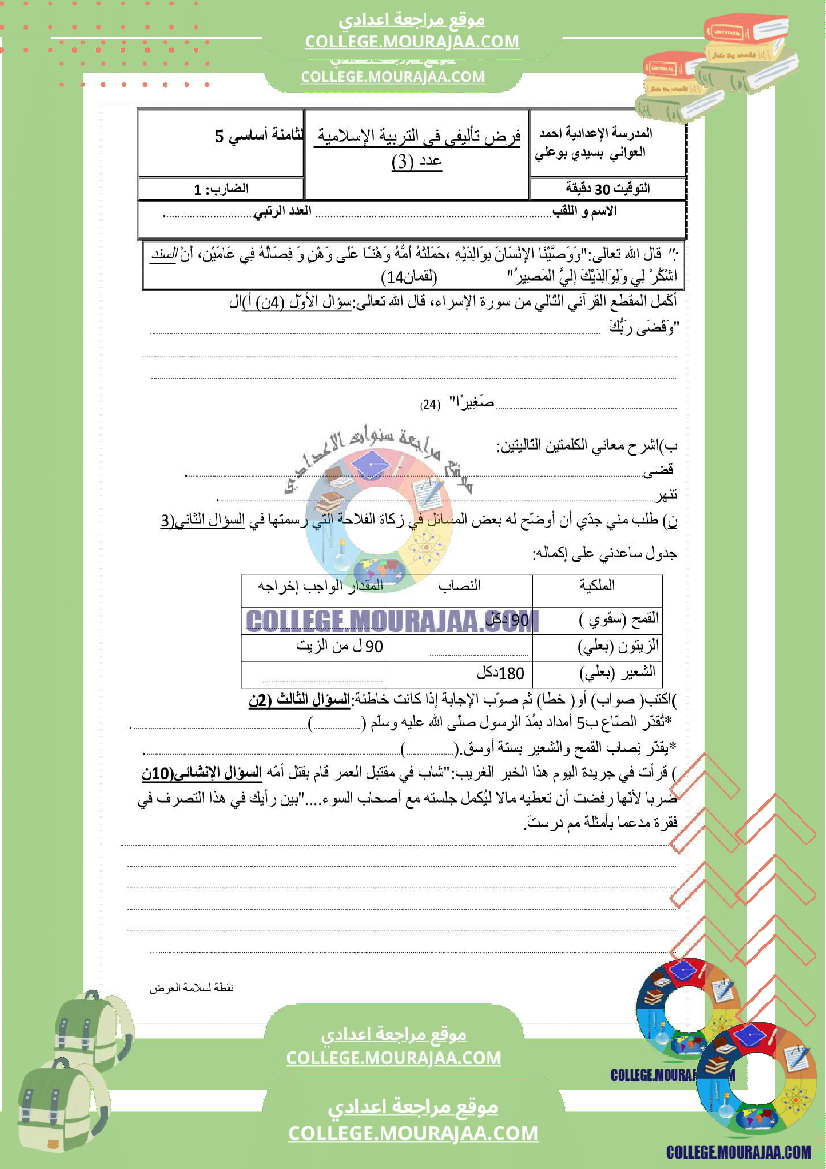 فرض تأليفي سنة الثامنة التربية الاسلامية الثلاثي الثالث