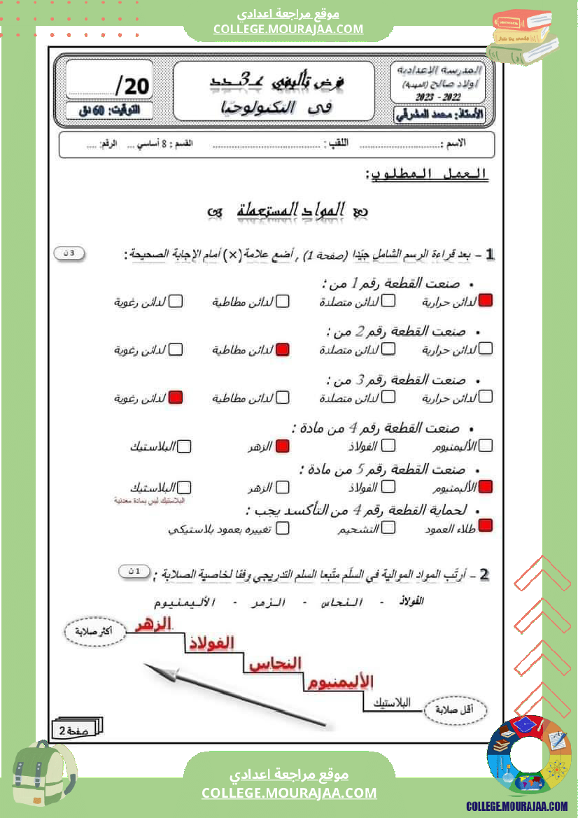 فرض تأليفي للسنة الثامنة التربية التكنولوجية الثلاثي الثالث
