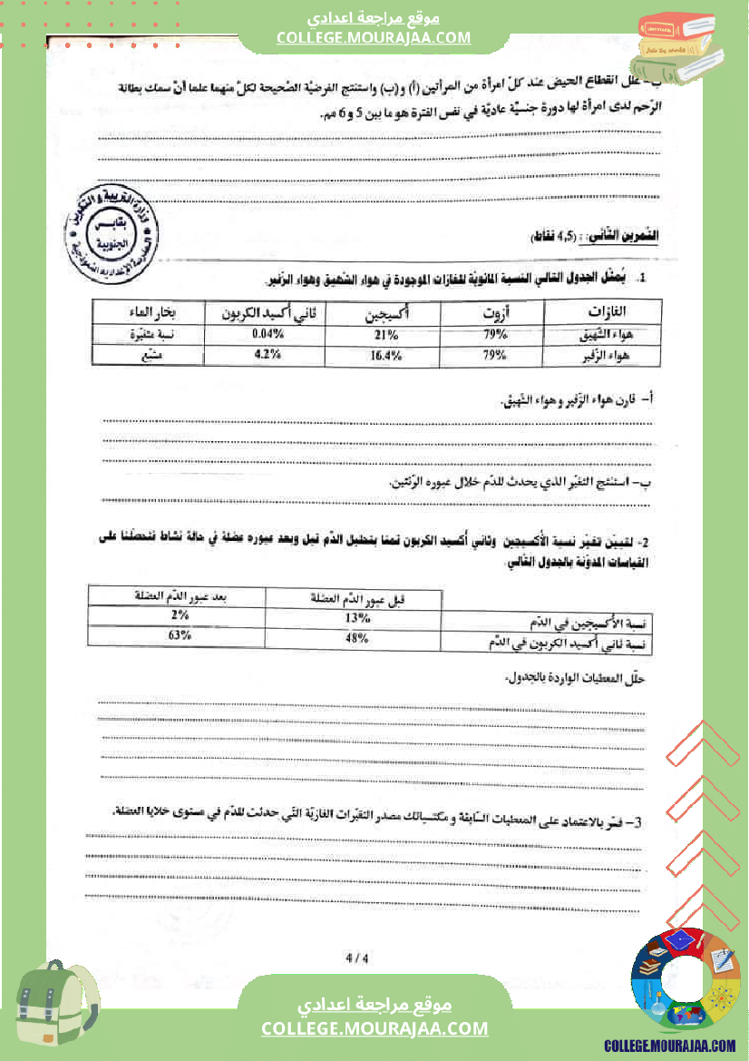 فرض مراقبة التاسعة علوم الحياة و الارض ثلاثي ثالث