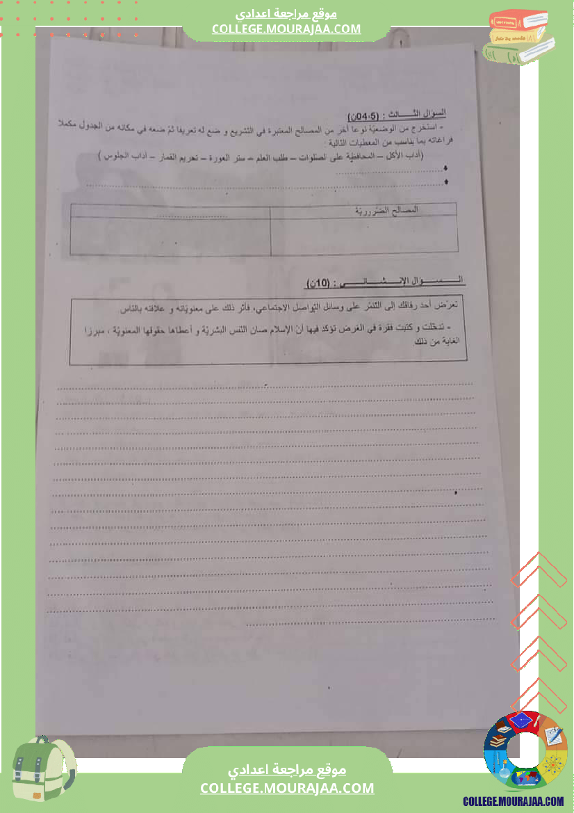 فرض تأليفي التاسعة التربية الاسلامية الثلاثي الثالث