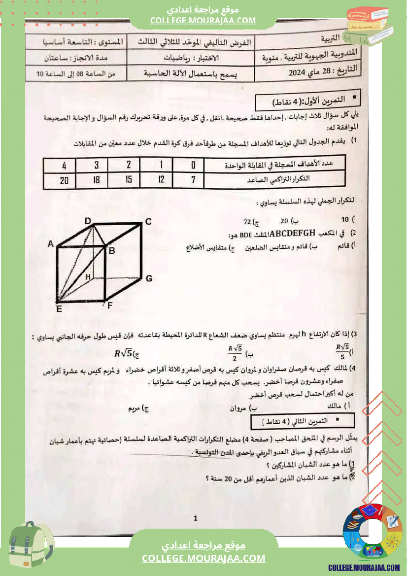 فرض تأليفي ثلاثي ثالث مستوى التاسعة الرياضيات