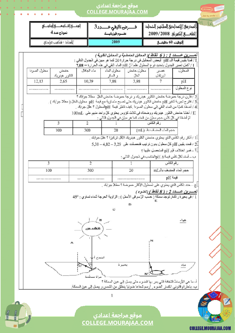 فرض تأليفي مستوى التاسعة العلوم الفيزيائية الثلاثي الثالث