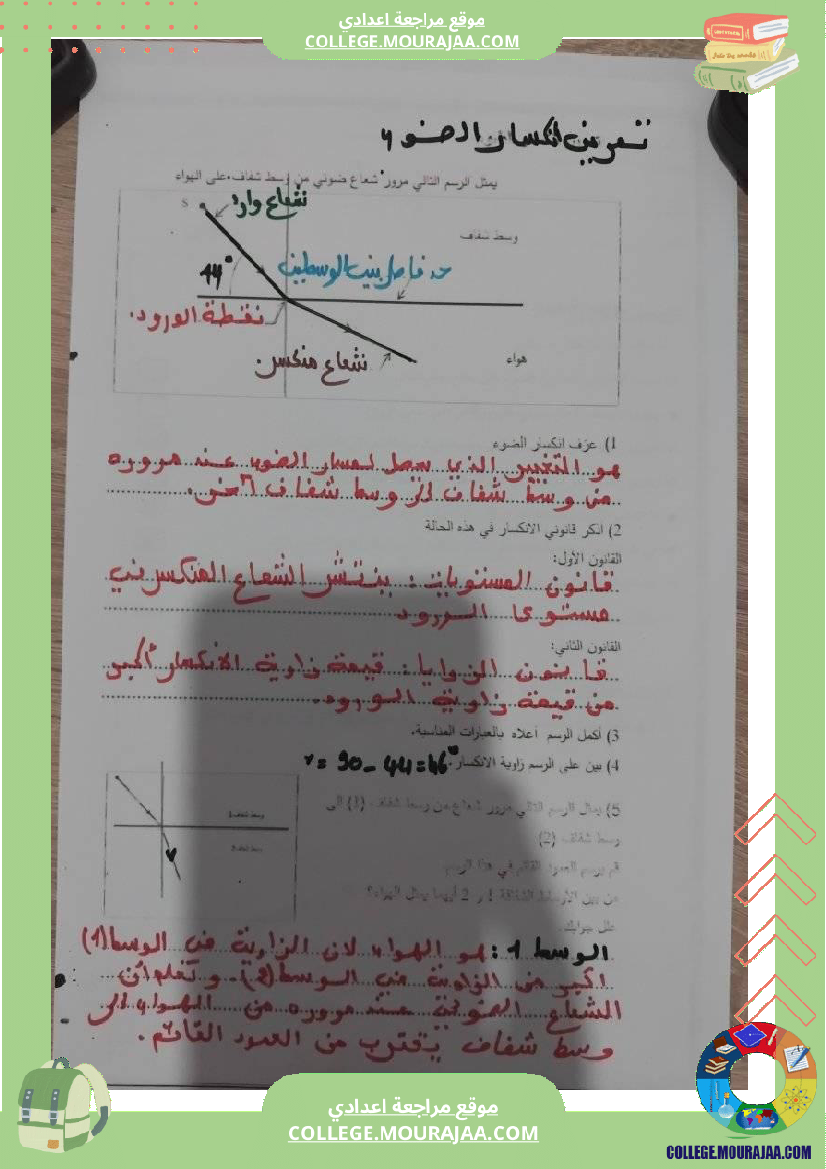 تمارين_فيزياء_سنة_تاسعة_انكسار_و_انعكاس_الضوء_مع_الإصلاح