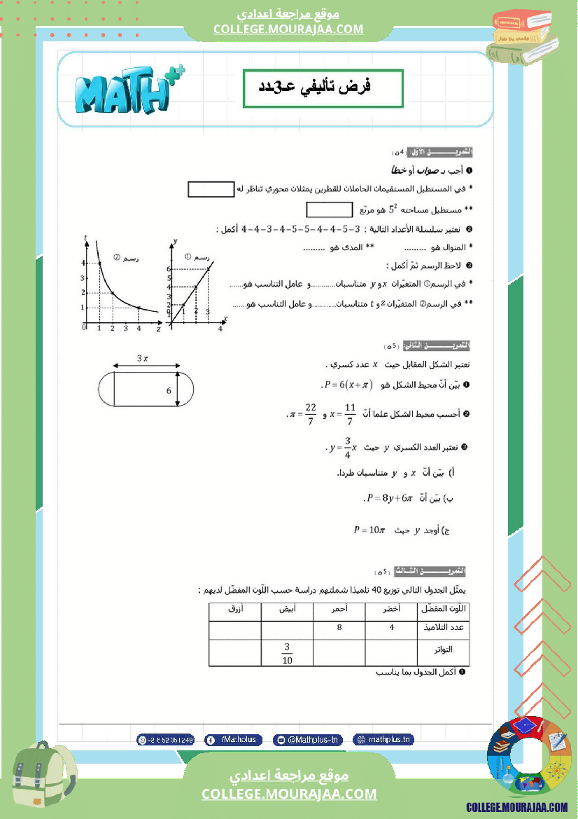 فرض تأليفي سنة السابعة الرياضيات الثلاثي الثالث
