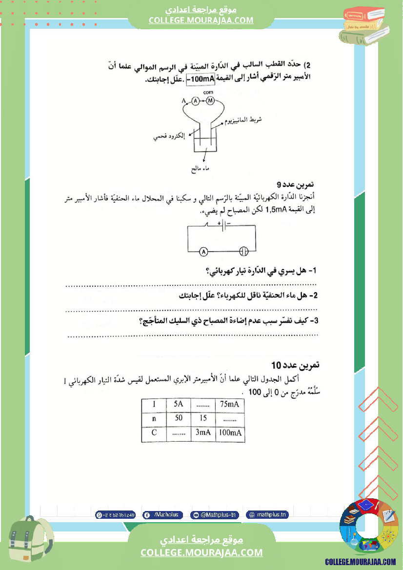 السابعة اساسي فيزياء استعدادا للفرض التاليفي عدد 3 تلخيص للدروس تمارين تطبيقية فروض مع الاص