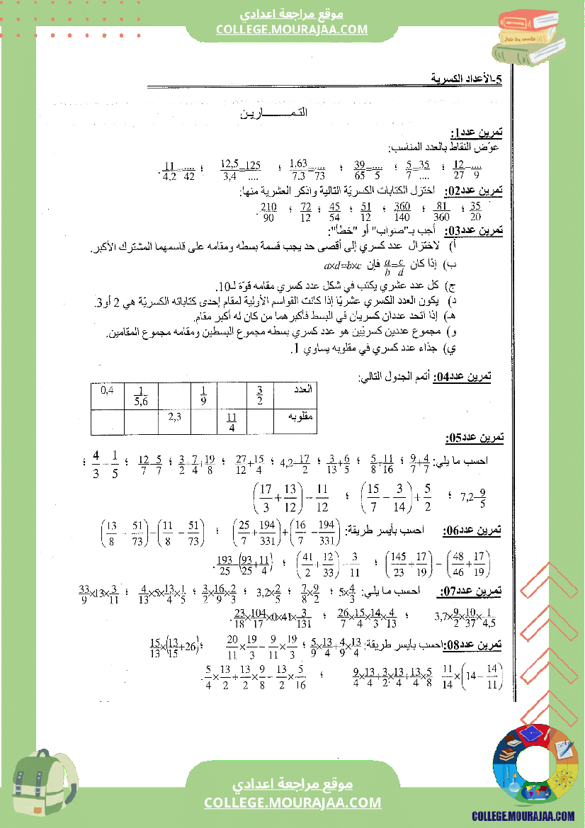 الاعداد الكسرية تلخيص تمارين و اصلاح