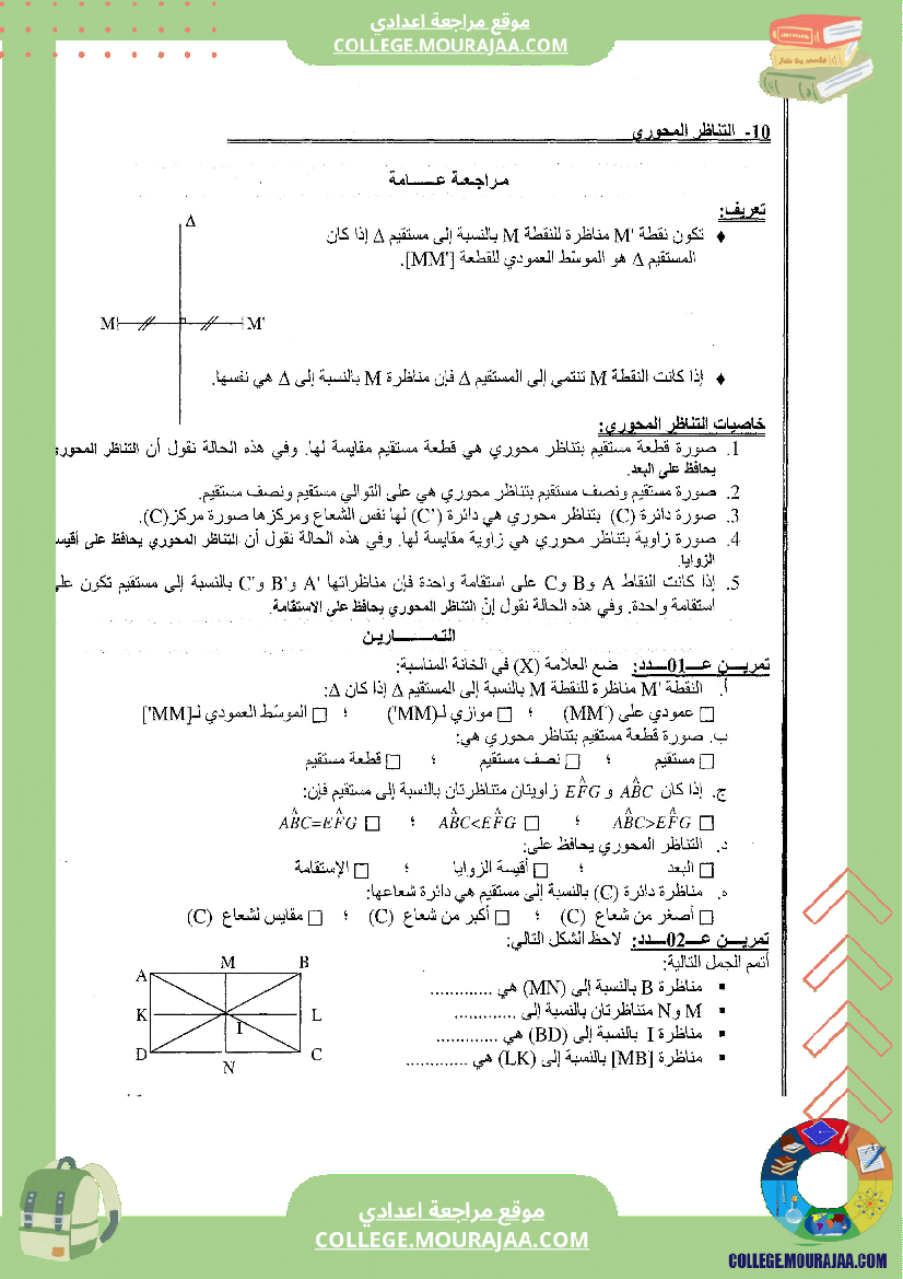 التناظر المحوري تلخيص تمارين و اصلاح