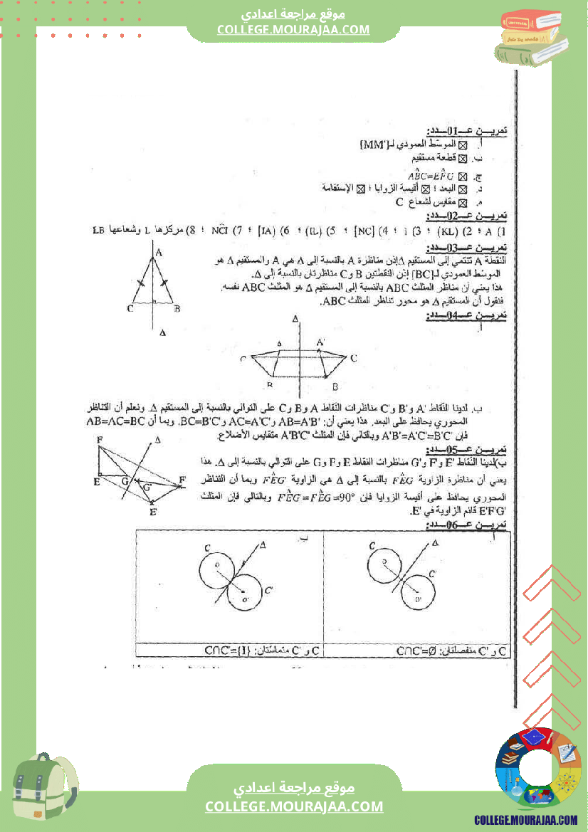 التناظر المحوري تلخيص تمارين و اصلاح