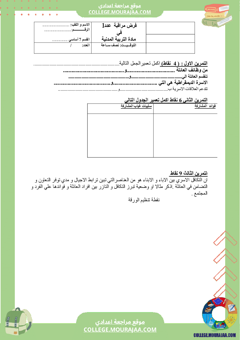 فرض مراقبة عدد 1 سنة الثامنة مدنية