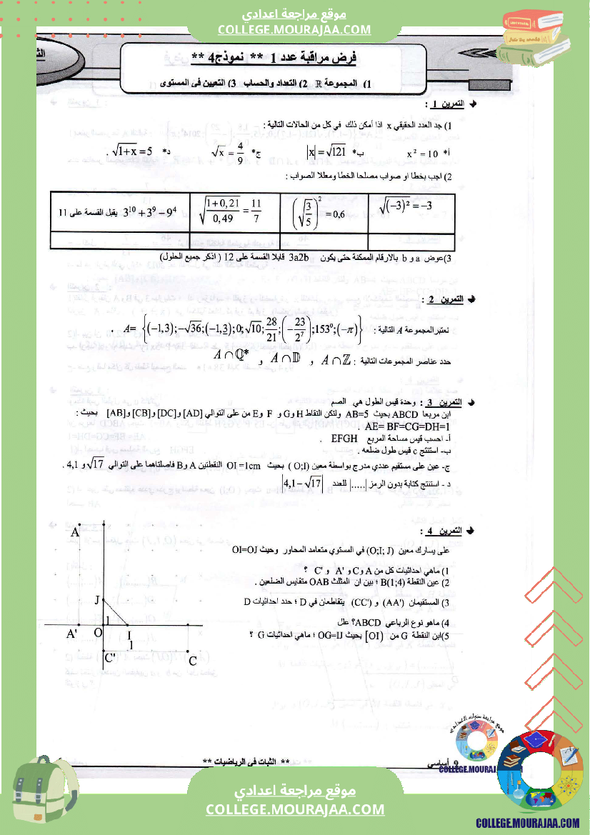 فرض مراقبة عدد1 مع الاصلاح رياضيات سنة التاسعة محور التعداد و المجموعة و التعيين في المستوى