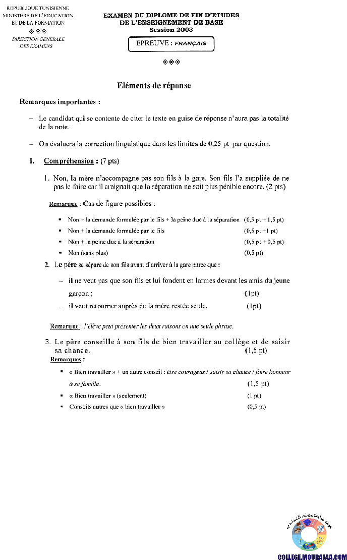 اصلاح امتحان الفرنسية مناظرة النوفيام سنة 2003