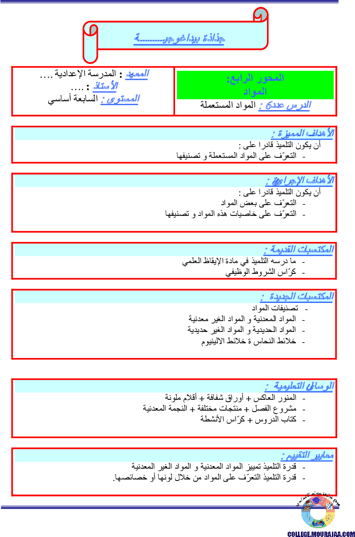 جذاذات_بيداغوجية_سنة_السابعة_المواد_المستعملة