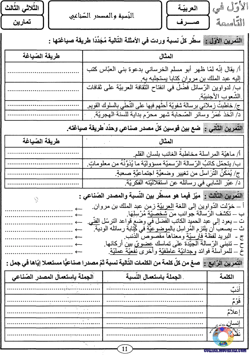 اﻷوّل في التاسعة فروض مراقبة و تأليفية التاسعة اساسي ثلاثي ثالث مع اصلاح