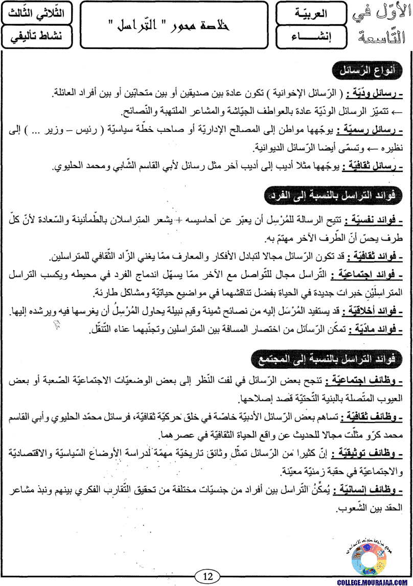 اﻷوّل في التاسعة فروض مراقبة و تأليفية التاسعة اساسي ثلاثي ثالث مع اصلاح