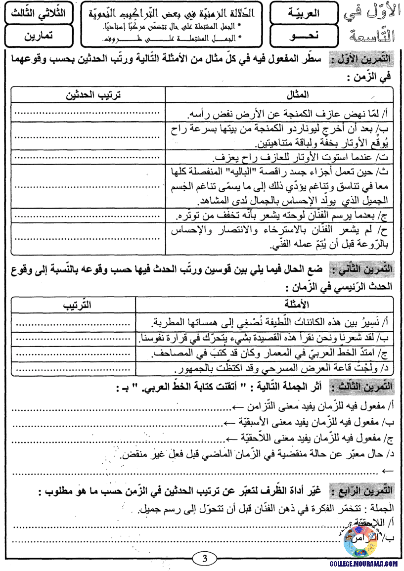 اﻷوّل في التاسعة فروض مراقبة و تأليفية التاسعة اساسي ثلاثي ثالث مع اصلاح