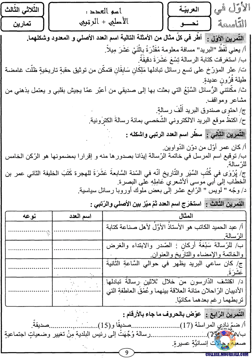 اﻷوّل في التاسعة فروض مراقبة و تأليفية التاسعة اساسي ثلاثي ثالث مع اصلاح